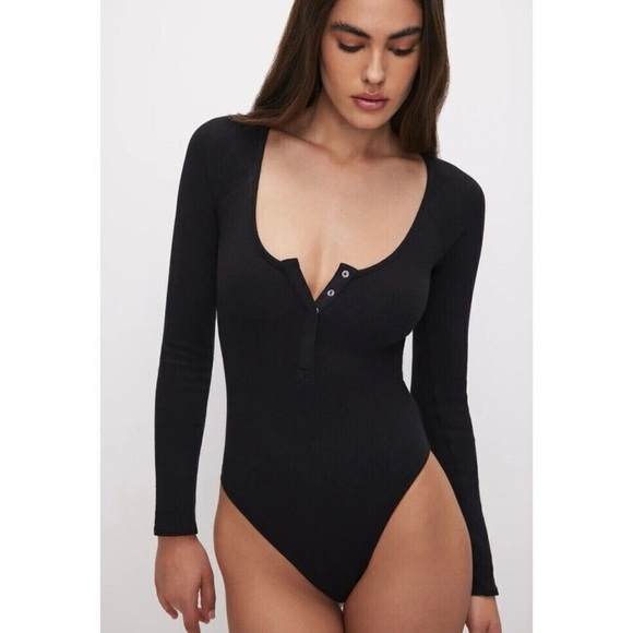 Good American Bodysuit Black Micro Rib Snap Button Long Sleeve - Picture 1 of 9